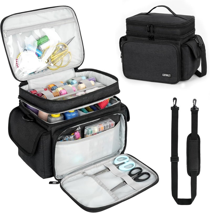 LEFORZ Sewing Supplies Organizer Storage Bag,Double-Layer Protable Travel Sewing Basket for Sew Accessories & Tools,Black(Bag Only) - Image 1